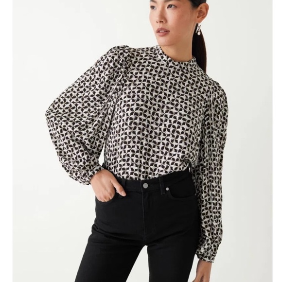 OTHER STORIES Chain Printed Long Sleeve Blouse Balloon Sleeves 8 Black White - Picture 1 of 16